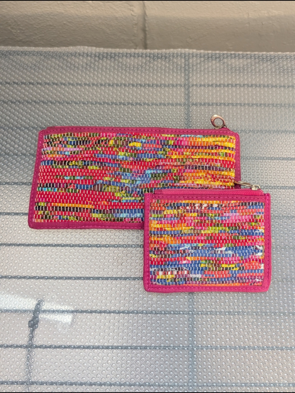 Pink Multicolor Woven Zip Wallet Set